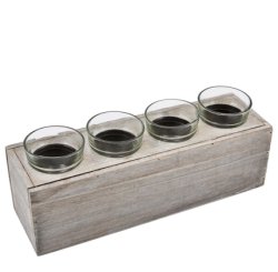 Teelichthalter viereckig Holz-Glas grau 24x10x10cm 6600037